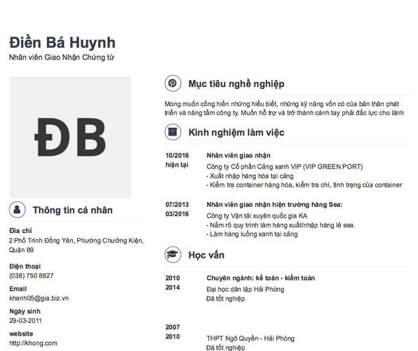 Mẫu CV Nhân viên Giao Nhận Chứng từ