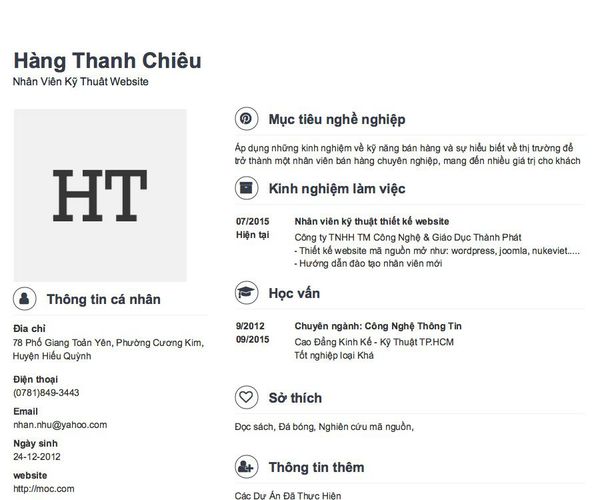 Mẫu CV Nhân Viên Kỹ Thuât Website