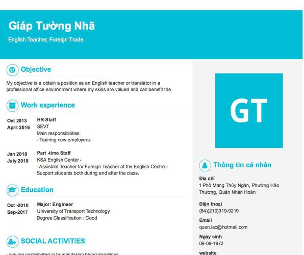 Mẫu CV English Teacher, Foreign Trade