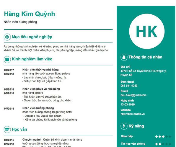Mẫu CV Nhân viên buồng phòng