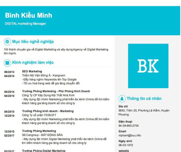Mẫu CV DIGITAL marketing Manager