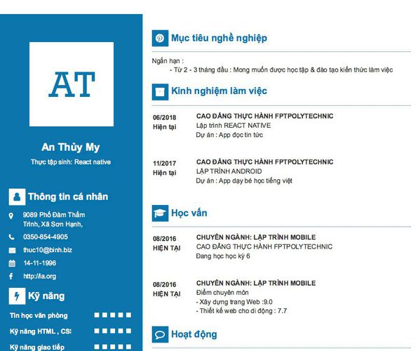 Mẫu CV Thực tập sinh: React native