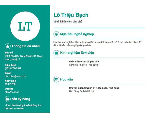 Mẫu CV Vị trí  Nhân viên pha chế