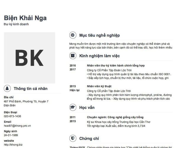 Mẫu CV thư ký kinh doanh
