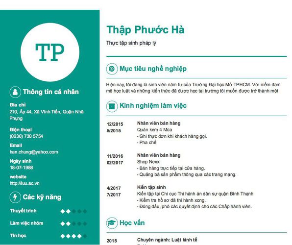 Mẫu CV Thực tập sinh pháp lý