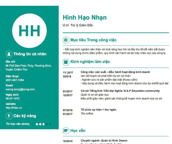 Mẫu CV Vị trí  Trợ lý Giám Đốc