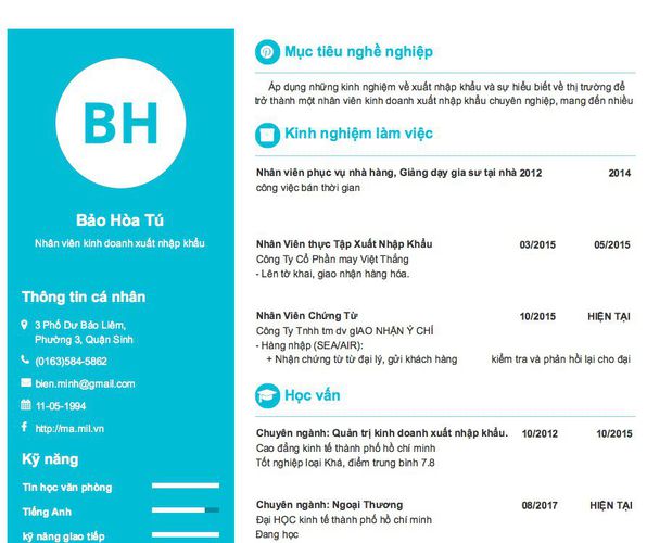 Mẫu CV Nhân viên kinh doanh xuất nhập khẩu