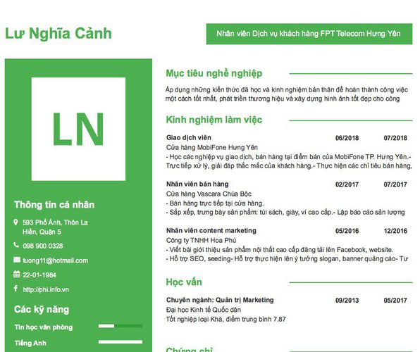 Gợi ý cách viết Mẫu CV tham khảo Nhân viên Dịch vụ khách hàng FPT Telecom Hưng Yên