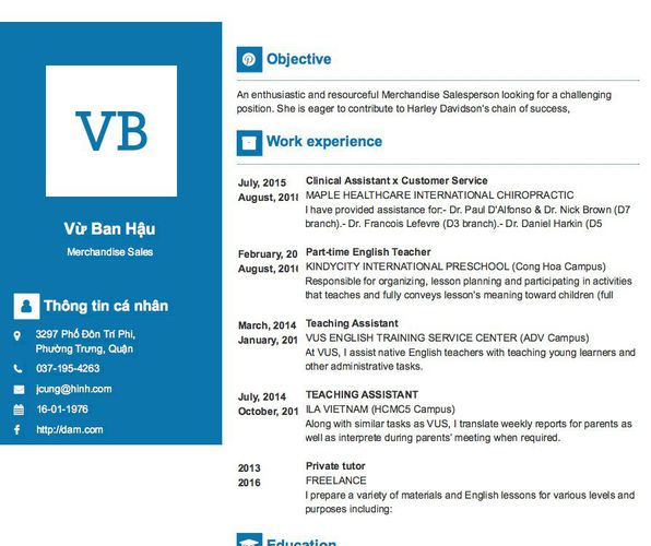 Mẫu CV Merchandise Sales