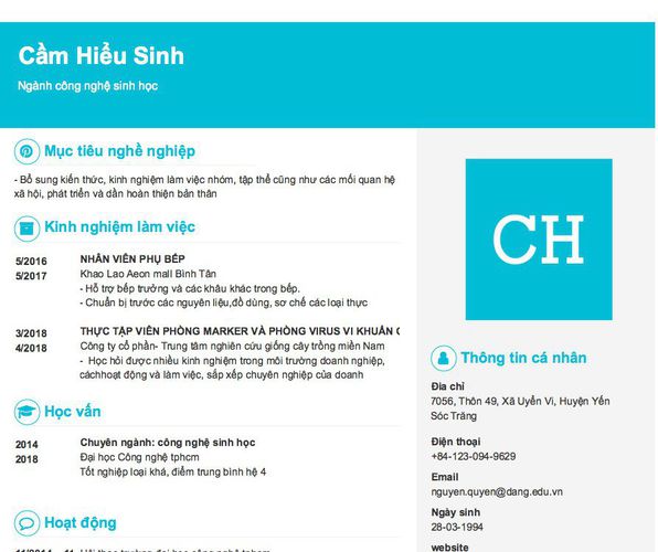 Mẫu CV Ngành công nghệ sinh học