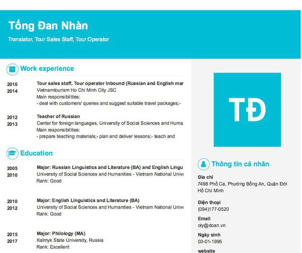 Mẫu CV Translator, Tour Sales Staff, Tour Operator