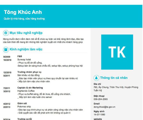 Gợi ý cách viết Mẫu CV tham khảo Quản lý nhà hàng, cửa hàng trưởng