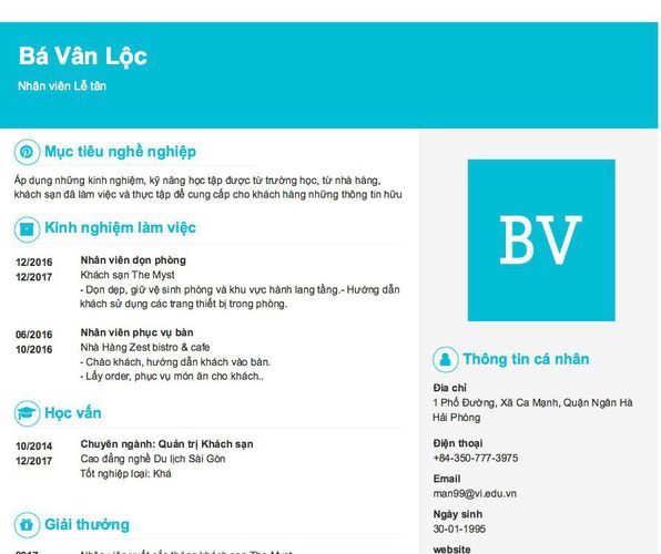 Mẫu CV Nhân viên Lễ tân
