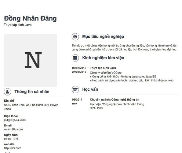 Mẫu CV Thực tập sinh Java