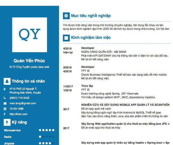 Mẫu CV Vị Trí Ứng Tuyển: junior java web