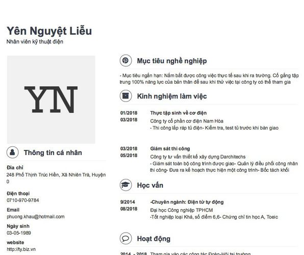 Mẫu CV Nhân viên kỹ thuật điện