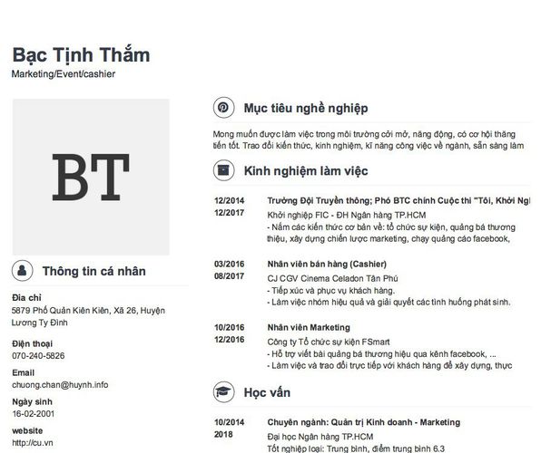 Mẫu CV Marketing/Event/cashier