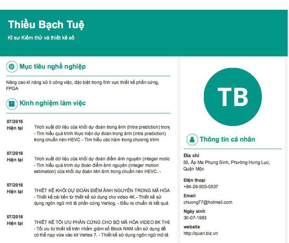 Mẫu CV Kĩ sư Kiểm thử và thiết kế số