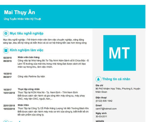 Mẫu CV Ứng Tuyển Nhân Viên Kỹ Thuật