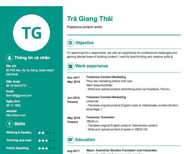 Mẫu CV Freelance content writer