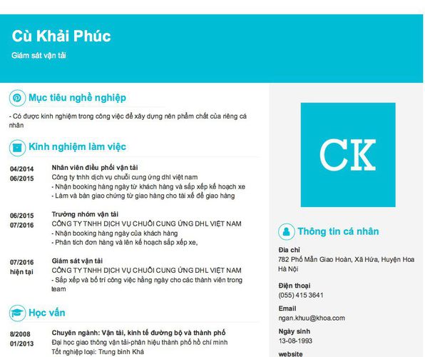 Mẫu CV Giám sát vận tải