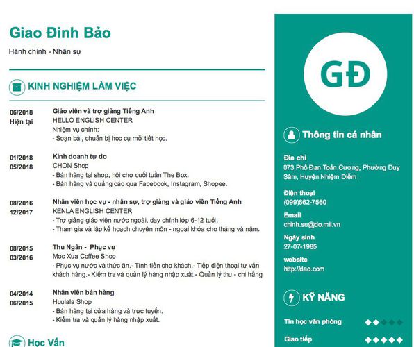 Mẫu CV Hành chính - Nhân sự