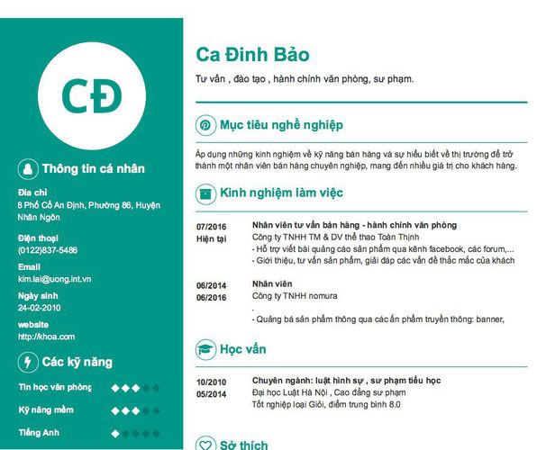 Mẫu CV Tư vấn , đào tạo , hành chính văn phòng, sư phạm.