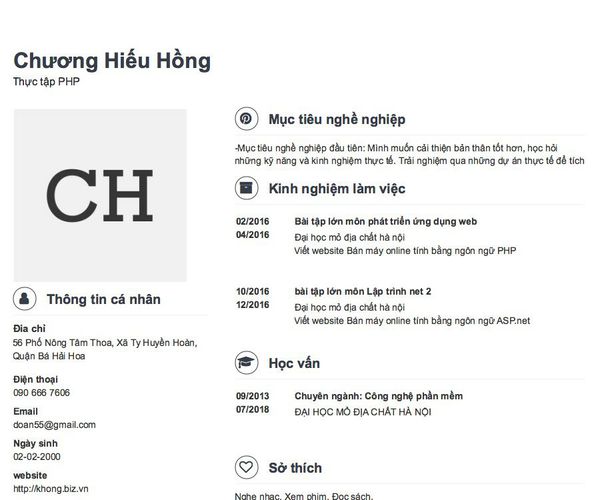 Mẫu CV Thực tập PHP