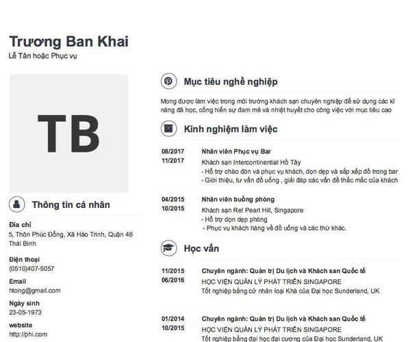 Mẫu CV Lễ Tân hoặc Phục vụ