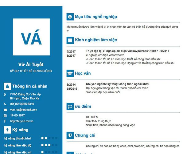 Mẫu CV KỸ SƯ THIẾT KẾ ĐƯỜNG ỐNG