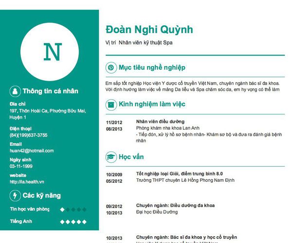Mẫu CV Vị trí  Nhân viên kỹ thuật Spa