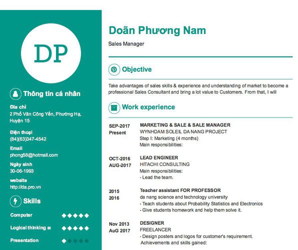 Mẫu CV Sales Manager