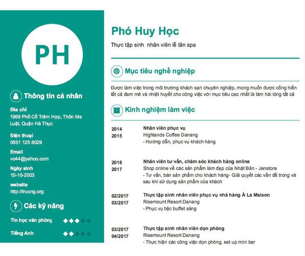Mẫu CV Thực tập sinh  nhân viên lễ tân spa