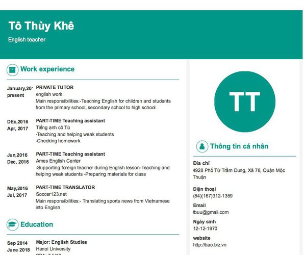 Mẫu CV English teacher