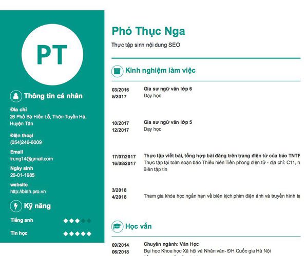 Mẫu CV Thực tập sinh nội dung SEO