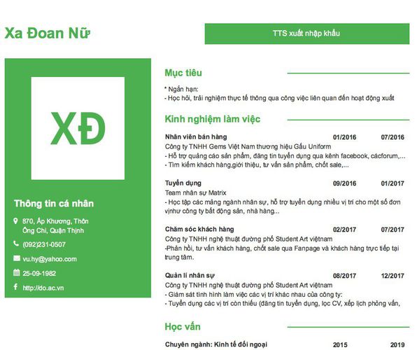 Mẫu CV TTS xuất nhập khẩu