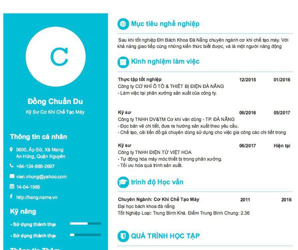 Mẫu CV Kỹ Sư Cơ Khí Chế Tạo Máy