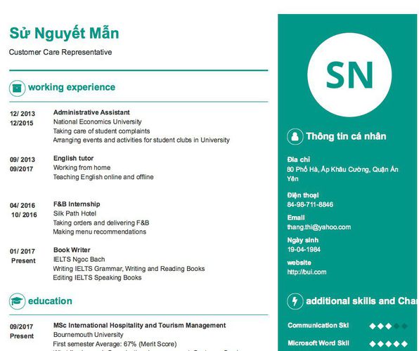 Mẫu CV Customer Care Representative