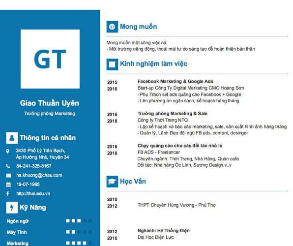 Mẫu CV Trưởng phòng Marketing