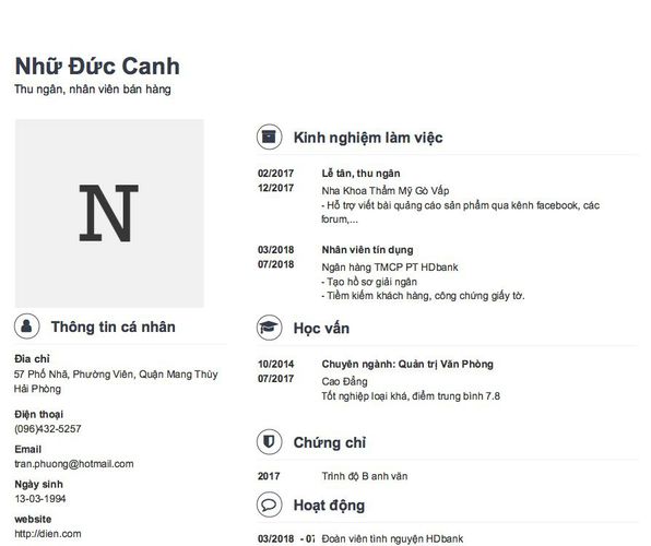 Mẫu CV Thu ngân, nhân viên bán hàng