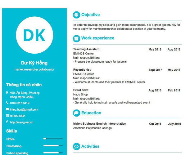 Mẫu CV market researcher collaborator