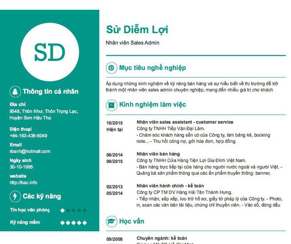 Mẫu CV Nhân viên Sales Admin
