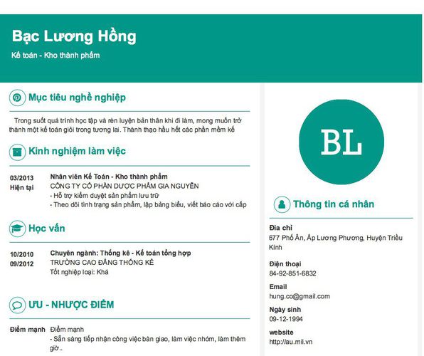 Mẫu CV Kế toán - Kho thành phẩm