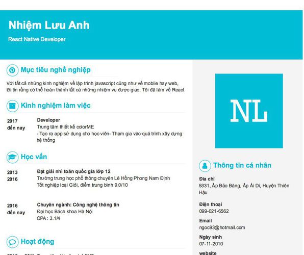 Mẫu CV React Native Developer