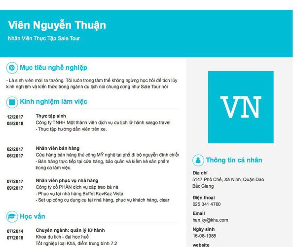 Mẫu CV Nhân Viên Thực Tập Sale Tour