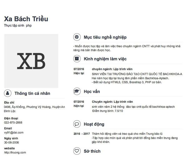 Mẫu CV Thực tập sinh  php