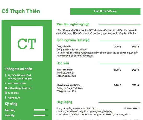 Mẫu CV Trình Dược Viên etc