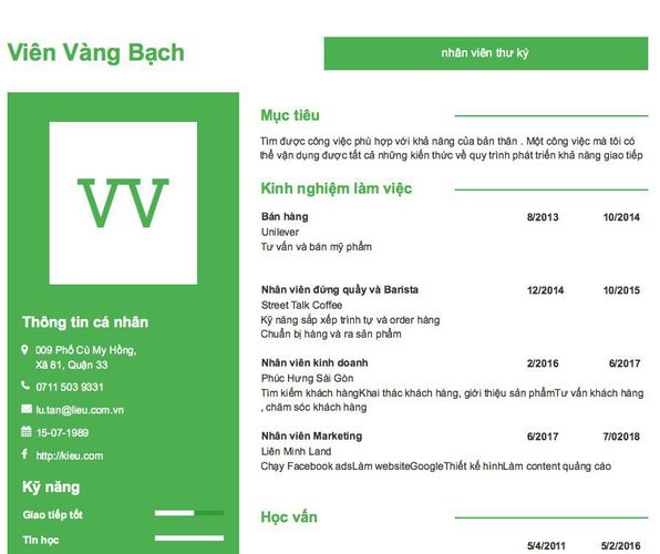 Mẫu CV nhân viên thư ký