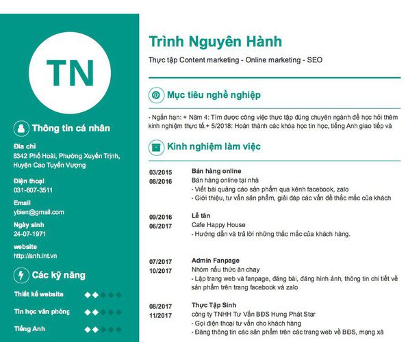 Mẫu CV Thực tập Content marketing - Online marketing - SEO