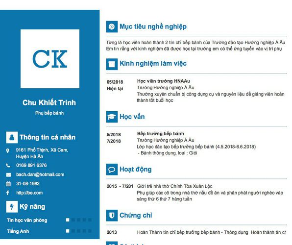 Mẫu CV Phụ bếp bánh